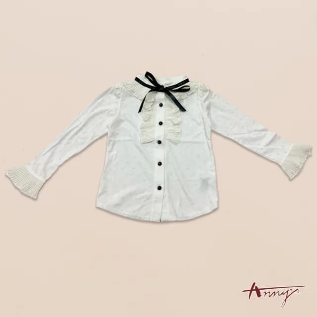 【ANNY’S 安妮公主】童裝 氣質純棉高領荷葉袖蝴蝶結秋冬款透氣長袖襯衫(3276白色)