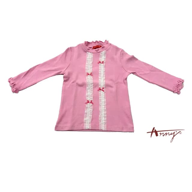 【ANNY’S 安妮公主】童裝 純棉荷葉領蕾絲蝴蝶結造型秋冬款長袖上衣(3427粉紅)