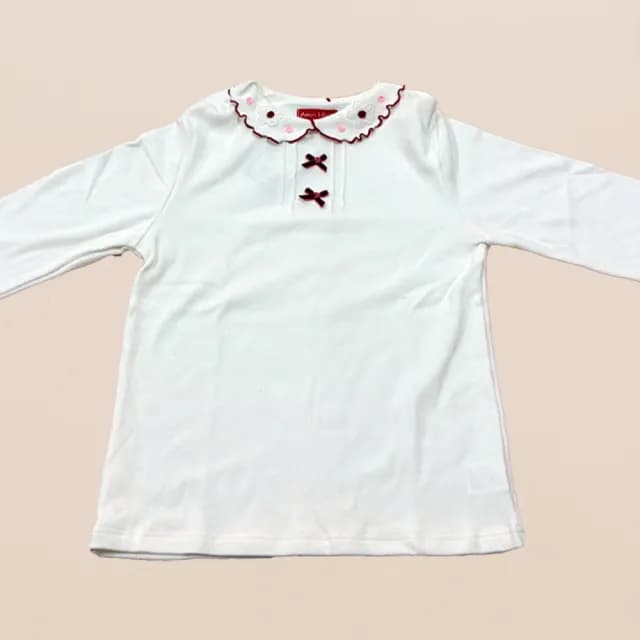 【ANNY’S 安妮公主】童裝純棉荷葉領小花朵蝴蝶結造型秋冬款長袖上衣(3430紅)