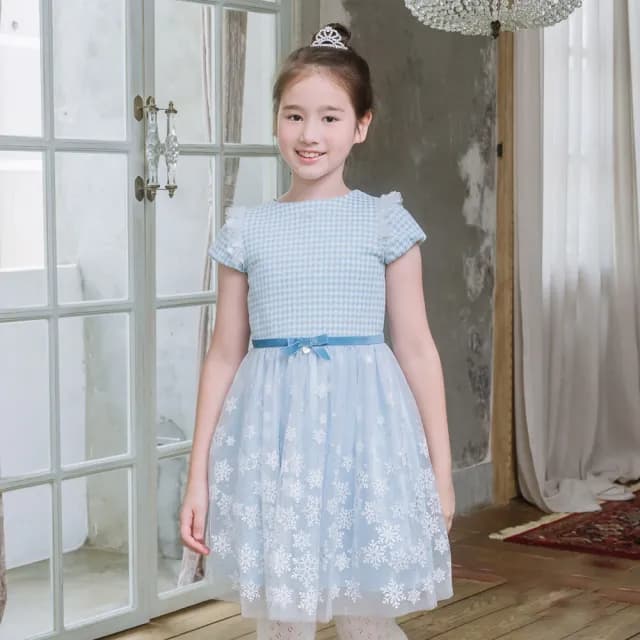 【ANNY’S 安妮公主】童裝 千鳥格紋雪花裙襬拼接秋冬款短袖禮服(3209水藍)