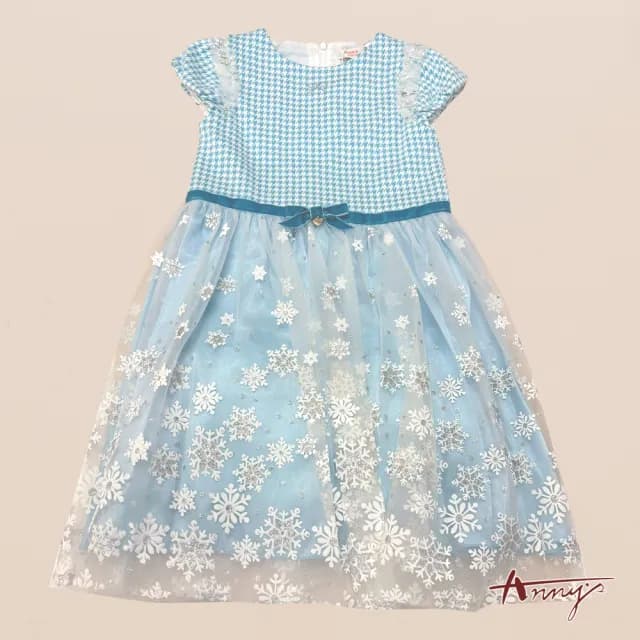 【ANNY’S 安妮公主】童裝 千鳥格紋雪花裙襬拼接秋冬款短袖禮服(3209水藍)