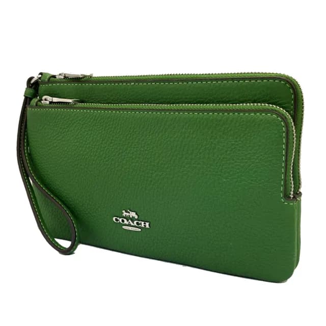 【COACH】素面牛皮長夾式雙層大手拿包/零錢包(綠)