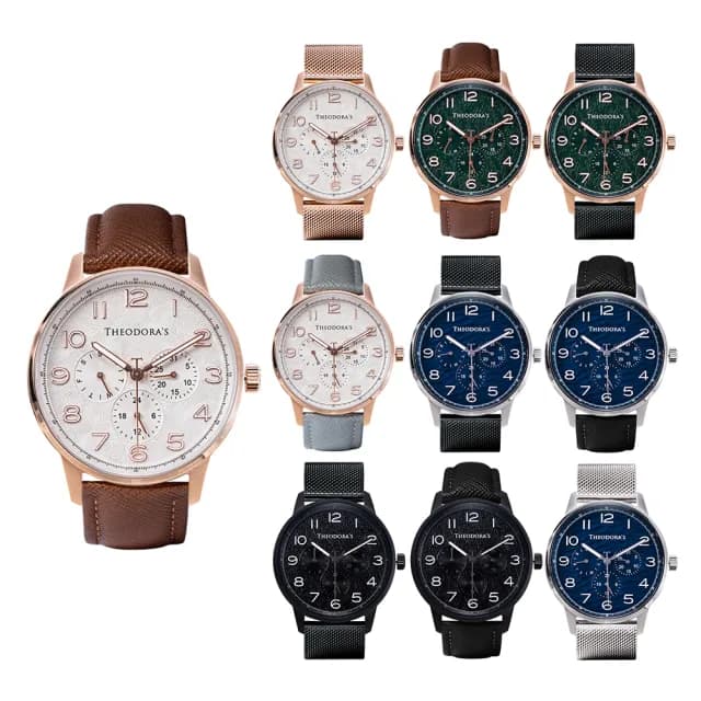 【THEODORA’S 希奧朵拉】大錶面｜時間旅人-先行者三眼夜光手錶(男錶 日期顯示 夜光 藍寶石水晶玻璃)