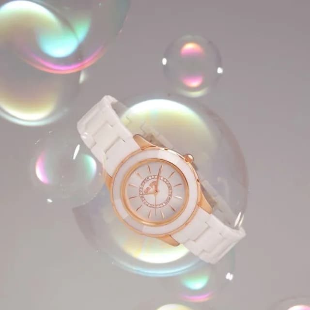 【Folli Follie】32毫米 清新質感 精鑲水晶珠光錶面 陶瓷錶帶腕錶 玫瑰金X白 FF694109