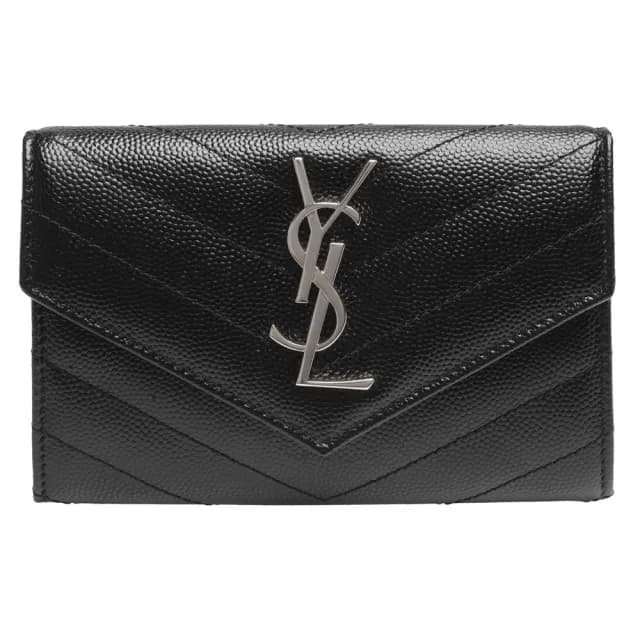 【YSL】MONOGRAM系列V字縫線魚子醬牛皮銀色金屬LOGO暗釦零錢包(黑414404-BOW02-1000)