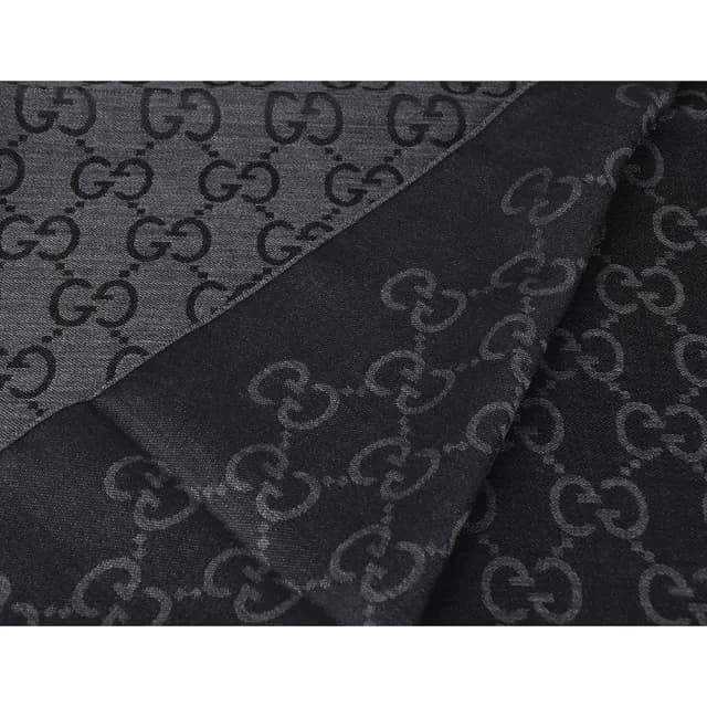 【GUCCI 古馳】GUCCI 雙G LOGO緹花羊毛圍巾(炭灰)