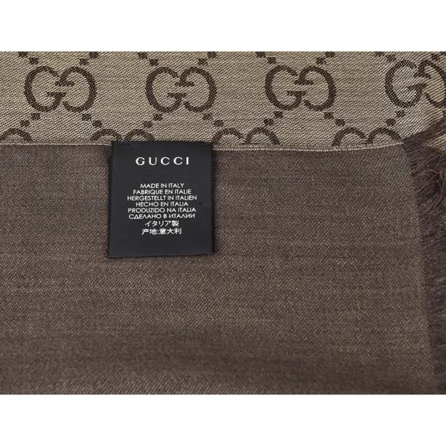 【GUCCI 古馳】GUCCI 雙G LOGO緹花羊毛圍巾(深褐)