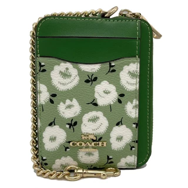 【COACH】花卉名片卡夾鏈帶零錢包(綠)