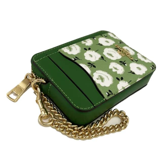 【COACH】花卉名片卡夾鏈帶零錢包(綠)