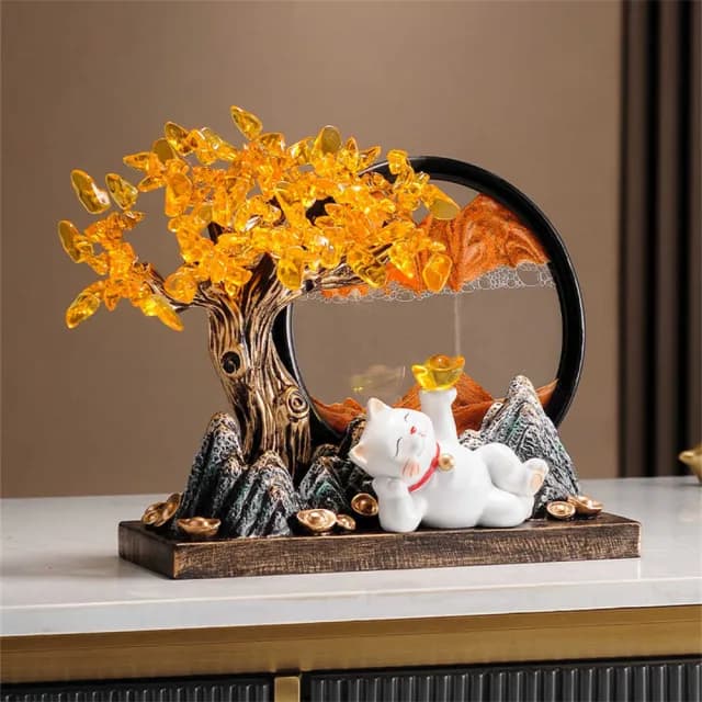 【超微米】發財樹 招財進寶擺飾 招財貓流沙畫 擺設 辦公室擺件 喬遷裝飾品 開業大吉禮品(發財樹招財貓擺飾)