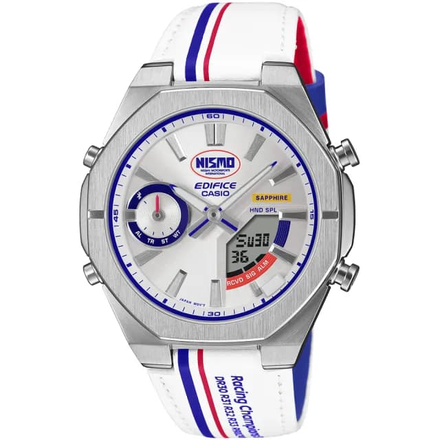 【CASIO 卡西歐】EDIFICE NISMO 傳承系列傳奇賽車聯名款計時手錶-冠軍賽三色版(ECB-S10NIS-7A)