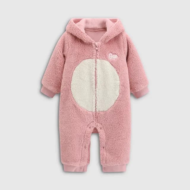 【GAP】嬰兒裝 Logo刺繡動物造型連帽長袖包屁衣/連身衣-粉色(805377)