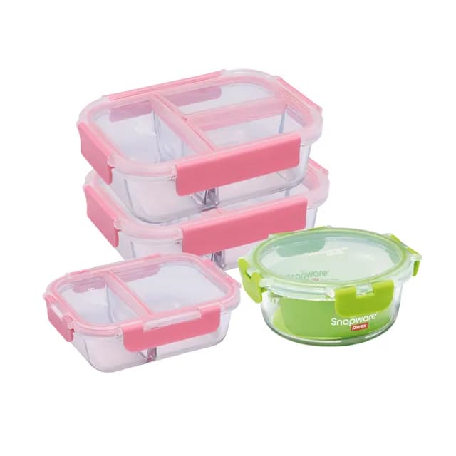 【CorelleBrands 康寧餐具】長方形玻璃保鮮盒4件組-多色任選(620ML+660ML+1050ML)