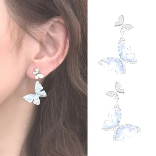 【夏季碎冰】藍色碎冰閃鑽蝴蝶耳環1對(冰晶耳飾 鑲鑽 氣質 時尚 女生 禮物)