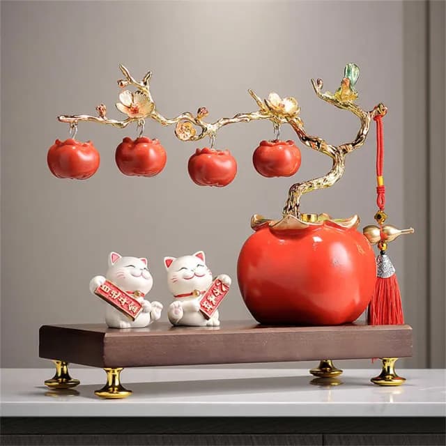 【超微米】招財貓擺飾 柿柿如意柿子擺件 客廳擺設 辦公室裝飾品 喬遷開業禮物 禮品(柿柿如意招財貓擺飾)