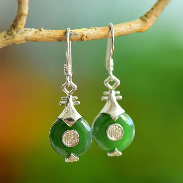 【KT DADA】雙11 天然玉石 和田碧玉 福字耳環 純銀耳飾 琵琶造型 長款耳墜 女生必備