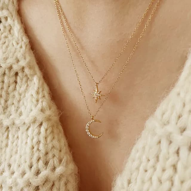 【CReAM】Florence 925純銀雙層月亮星星八角星銀色金色女項鍊項鏈(生日 禮物 送禮 禮盒)
