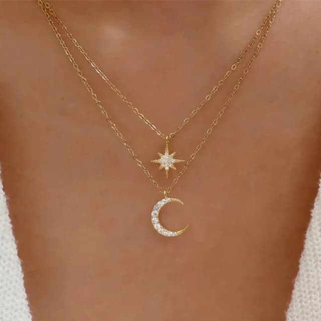 【CReAM】Florence 925純銀雙層月亮星星八角星銀色金色女項鍊項鏈(生日 禮物 送禮 禮盒)