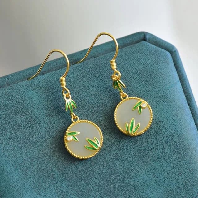 【KT DADA】雙11 鈎型耳環 和田玉耳環 竹葉琺瑯耳飾 純銀飾品 新中式配飾 女生飾品 復古銀飾 吊墜耳環