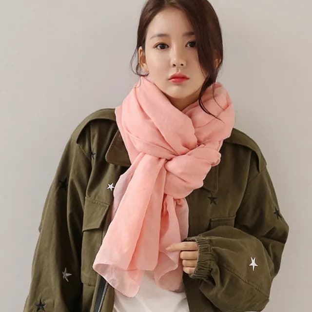 【AnnaSofia】超大寬版披肩圍巾-純色棉麻 現貨(嫣粉)