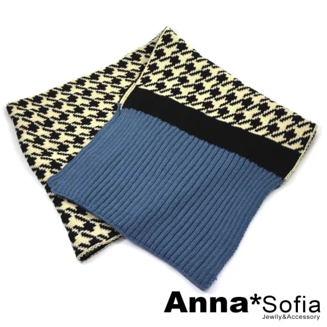 【AnnaSofia】毛線織大披肩圍巾-千鳥紋拼色直條織 現貨(藍黑系)