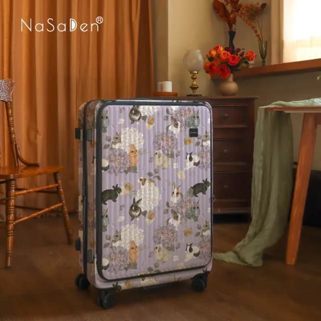 【NaSaDen 納莎登】25吋 萊茵系列 前開行李箱 英格藍貓聯名款 巴黎的優雅兔/綠兔(可擴充 上掀式行李箱)