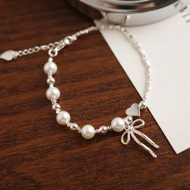 【UME.Acce】雙11 珍珠蝴蝶結愛心手鍊(珍珠手鍊 蝴蝶結手鍊 愛心手鍊 碎銀手鍊 浪漫飾品)