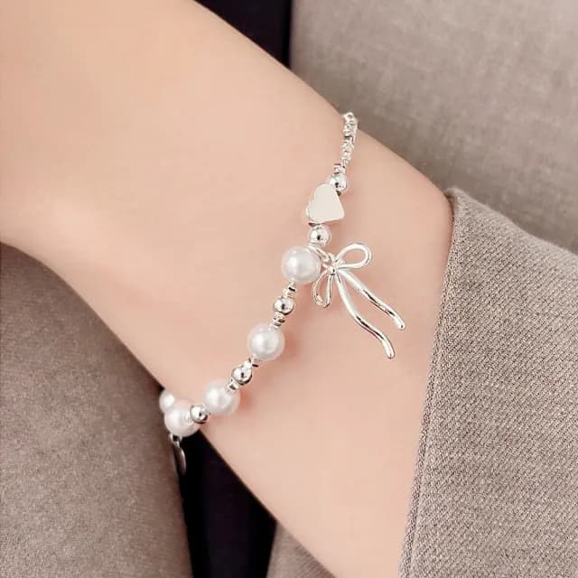 【UME.Acce】雙11 珍珠蝴蝶結愛心手鍊(珍珠手鍊 蝴蝶結手鍊 愛心手鍊 碎銀手鍊 浪漫飾品)