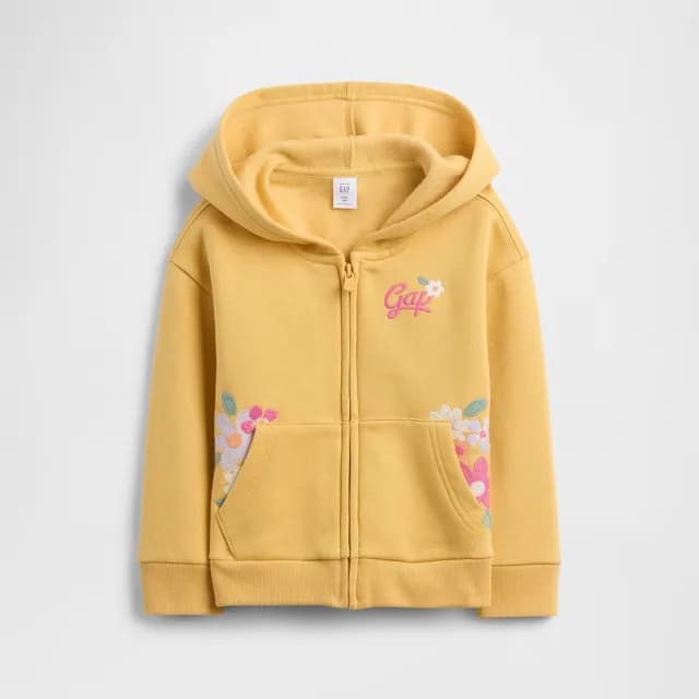 【GAP】女幼童裝 Logo刺繡/印花刷毛連帽外套-奶黃色(793479)