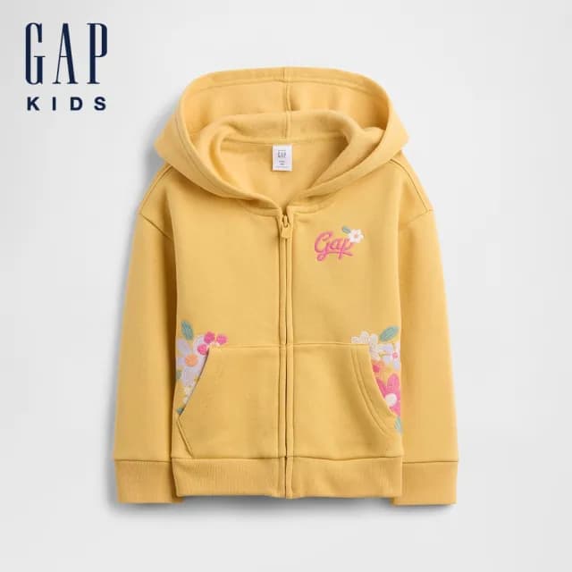 【GAP】女幼童裝 Logo刺繡/印花刷毛連帽外套-奶黃色(793479)