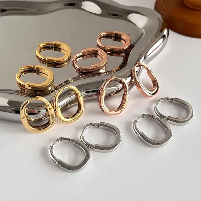 【KT DADA】鋯石耳環 鎖頭耳扣 環狀耳環 素色耳圈 橢圓耳飾 金屬耳環 百搭飾品