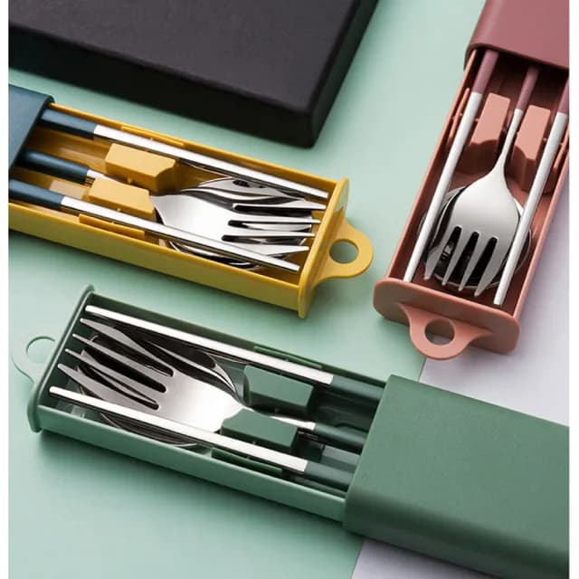 【BeOK】304不鏽鋼 環保餐具組 筷叉匙收納四件組(3色可選)