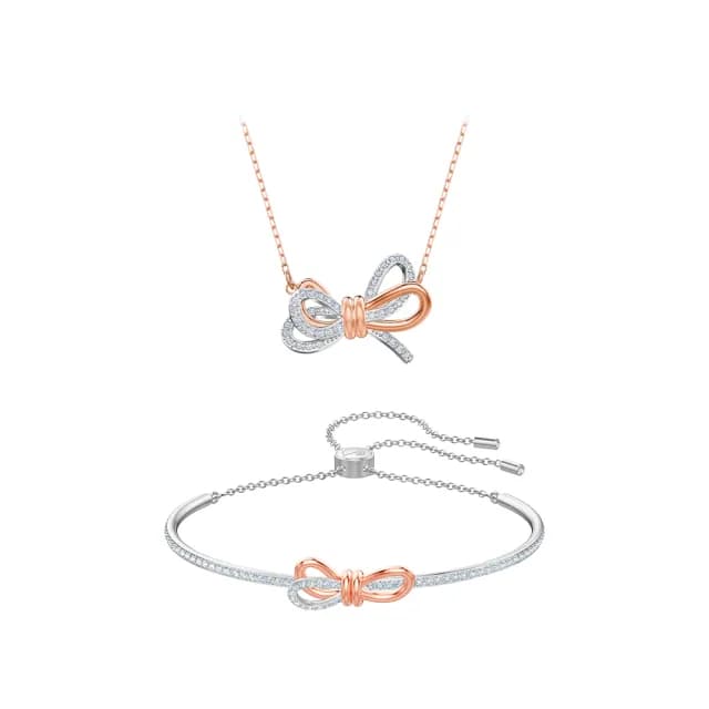 【SWAROVSKI 施華洛世奇】Lifelong Bow 鏈墜/手鐲 蝴蝶結 白色 多種金屬潤飾(2款任選_情人節禮物)