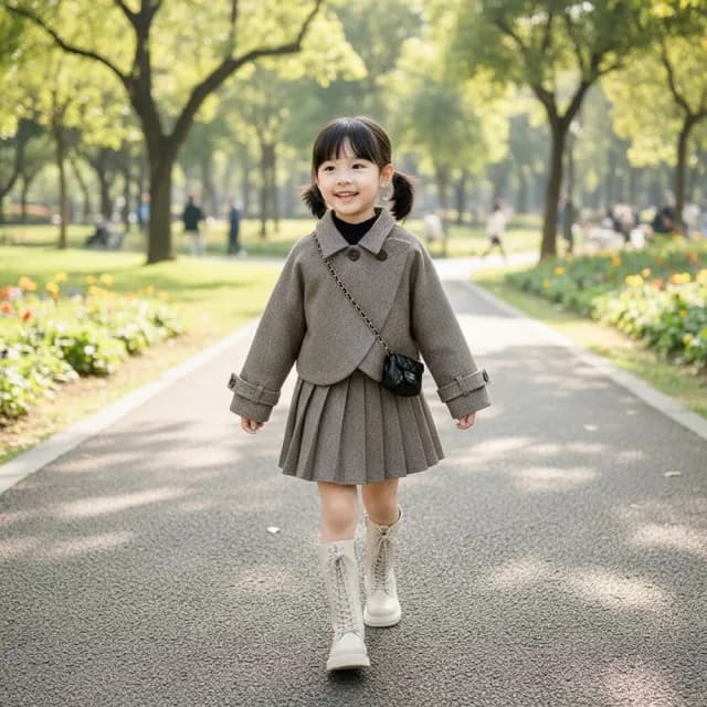 【橘魔法】英倫斜紋毛尼長袖套裝(長袖外套 百褶裙 裙子 短裙 女童 兒童 童裝)