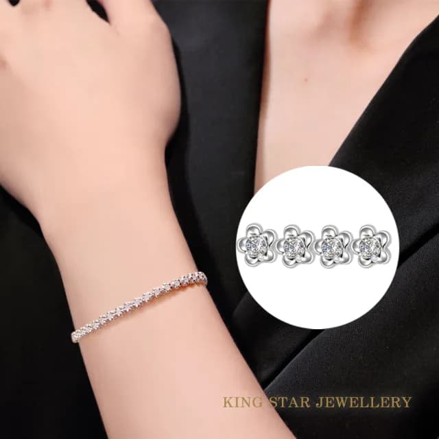 【King Star】18K金滿鑽一克拉 天然鑽石手鍊 無色等級 繁花