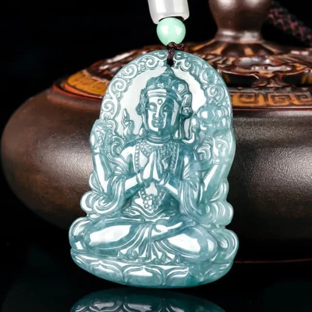 【Penny珮妮】A貨翡翠藍水 四臂觀音 吊墜項鍊(母親節 父親節 生日禮物 交換禮物 尾牙 新年 結婚 情人節)