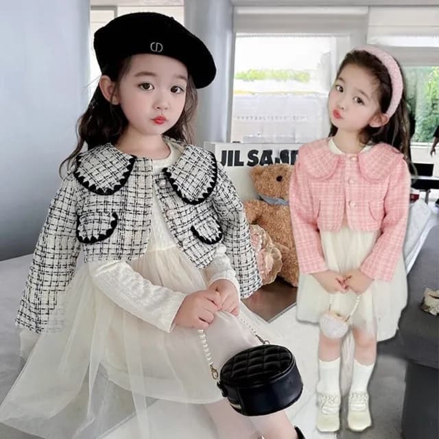 【橘魔法】甜心名媛格紋毛呢小外套+洋裝 套裝(長袖 外套 童裝 兒童 女童 生日洋裝)