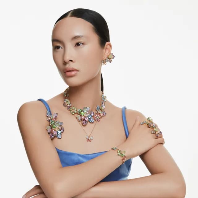 【SWAROVSKI 施華洛世奇】Idyllia 開口戒指 混合式切割 花朵 藍色 鍍金色(情人節禮物)