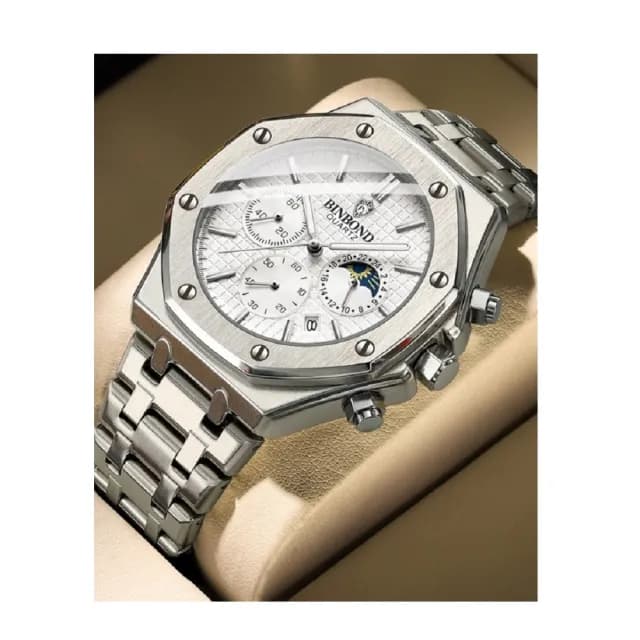 【美國熊】國民男錶 日本石英機芯 真三眼計時 日期顯示  不鏽鋼錶帶 手錶(BIN-05)