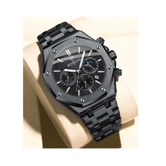 【美國熊】國民男錶 日本石英機芯 真三眼計時 日期顯示  不鏽鋼錶帶 手錶(BIN-05)