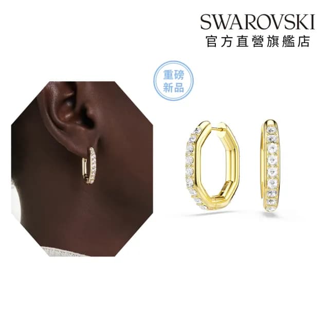 【SWAROVSKI 施華洛世奇】Dextera 大圈耳環 八邊形 圓形切割 白色 鍍金色(情人節禮物)