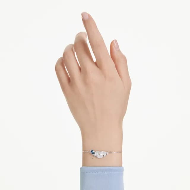【SWAROVSKI 施華洛世奇】Idyllia 手鏈 混合式切割 羽毛 藍色 鍍白金色(情人節禮物)