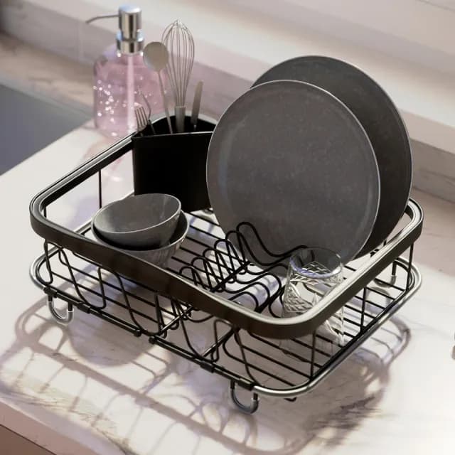 【UMBRA】Sinkin伸縮餐具碗盤瀝水架 墨黑36.5cm / 碗盤收納架 流理臺架