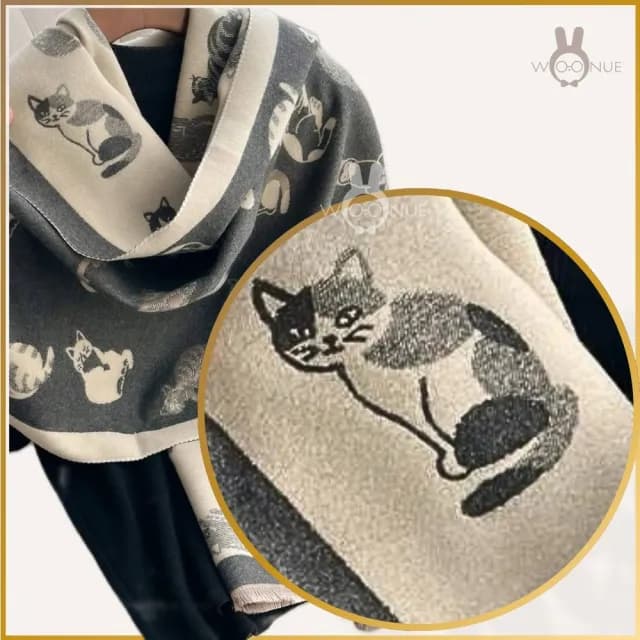 【WOONUE】超柔羊毛質感圍巾冷氣披肩空調百搭貓咪圍巾絲巾斗篷黑白(送禮生日禮物媽媽女友老婆禮物情人節)