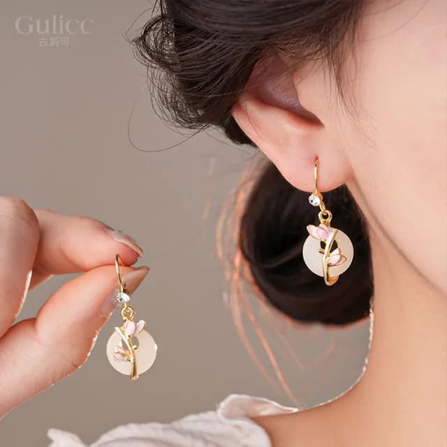 【Golicc 古里雅】中式 平安扣滴釉花朵 耳墜(雙十 萬聖節 生日 飾品 耳釘 耳飾 耳墜 禮物)