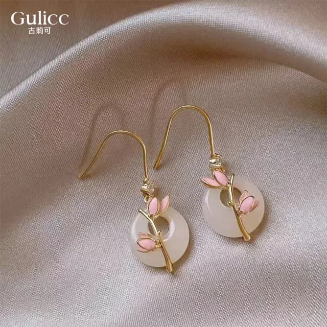 【Golicc 古里雅】中式 平安扣滴釉花朵 耳墜(雙十 萬聖節 生日 飾品 耳釘 耳飾 耳墜 禮物)