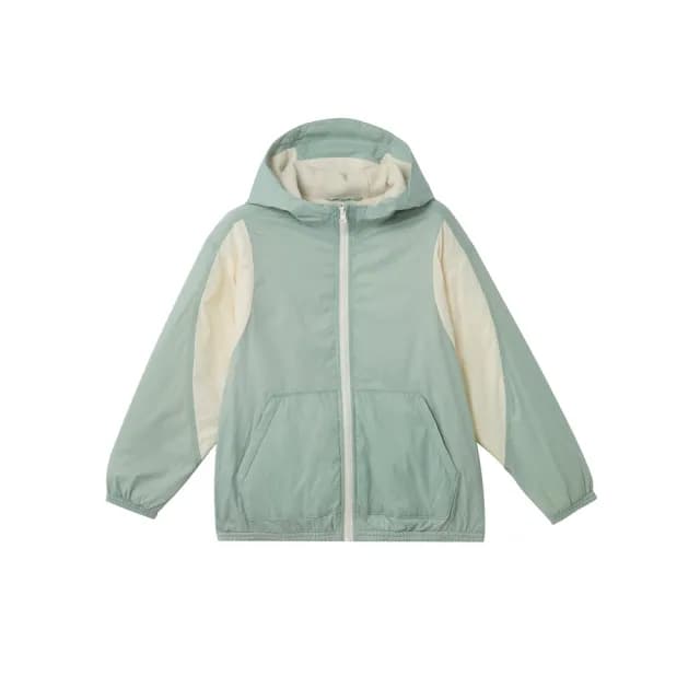 【GIORDANO 佐丹奴】童裝輕量內刷毛連帽外套(81 陰影綠X奶白)