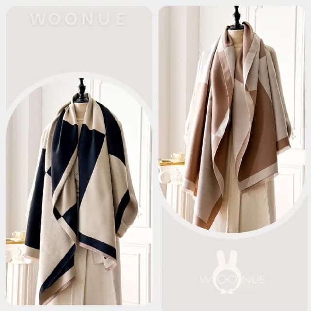 【WOONUE】經典方格時尚秋冬柔軟保暖羊毛絨質感親膚寬版斗篷圍巾冷氣披肩(女友老婆媽媽情人生日禮物)