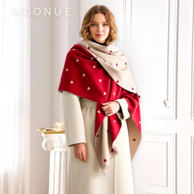 【WOONUE】時尚秋冬繽紛愛心款柔軟保暖羊毛絨質感親膚寬版斗篷圍巾冷氣披肩(女友老婆媽媽情人生日禮物)