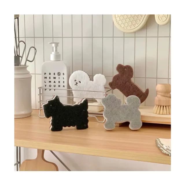 【zozo】狗狗造型菜瓜布-4入(可愛洗碗海綿/卡通廚房清潔刷/居家耐用清潔布/餐具杯子刷洗)